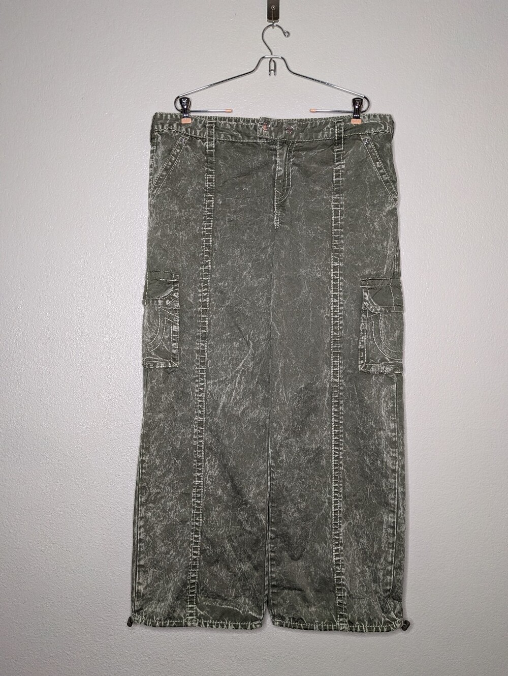 True Religion Y2K Bobbi Low Slung Olive Green Baggy Casual Zip Cargo Pants 34